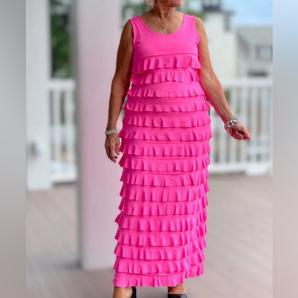 Lulu-B Dresses & Skirts - LuLu B Vibrant Pink Ruffle Tiered Maxi Dress Size 1X
